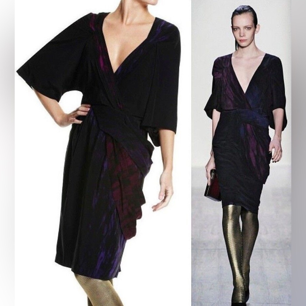BCBG MAXAZRIA Runway Twisted Waist Plumberry Combo Draped Silk Dress - Picture 2 of 12